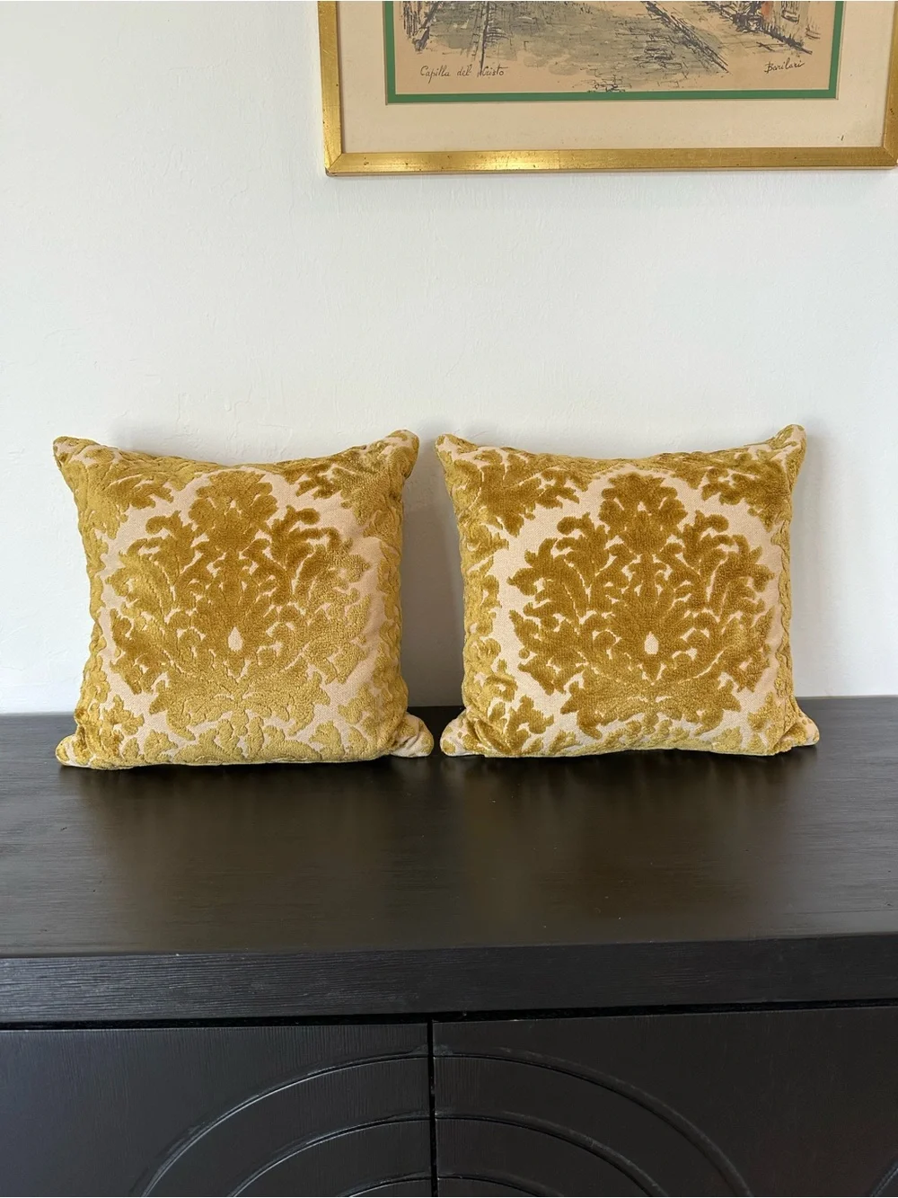 Pair of Vintage Gold Damask Chenille Velvet Decorative Pillows
